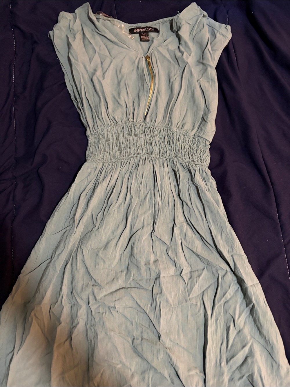 imPRESS Light Blue Smocked Midi Dress with Gold Zip